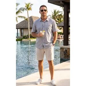 TravisMathew Grey White Geometric Print Button Up Shirt Men's 3XL